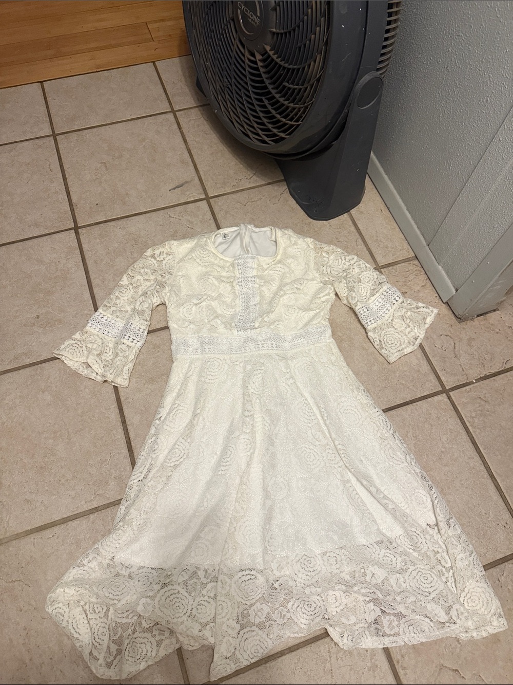 David's Bridal Cream Lace Midi Dress with Bell Sleeves